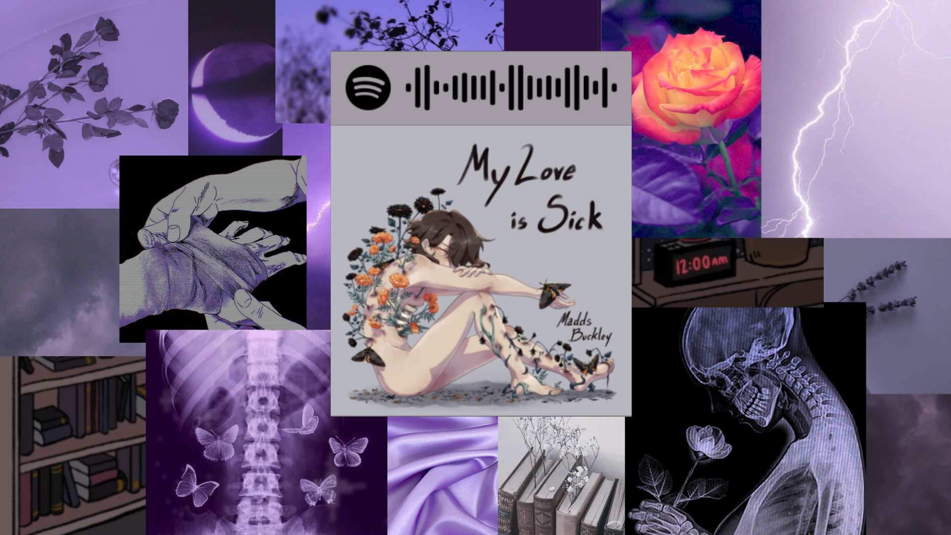 Grey/purple aesthetic wallpaper with various images of flowers, clouds, and skeletons layered around each other, surrounding the cover art for the song 'My Love is Sick', which features a drawing of a girl with orange flowers and butterflies covering her body.